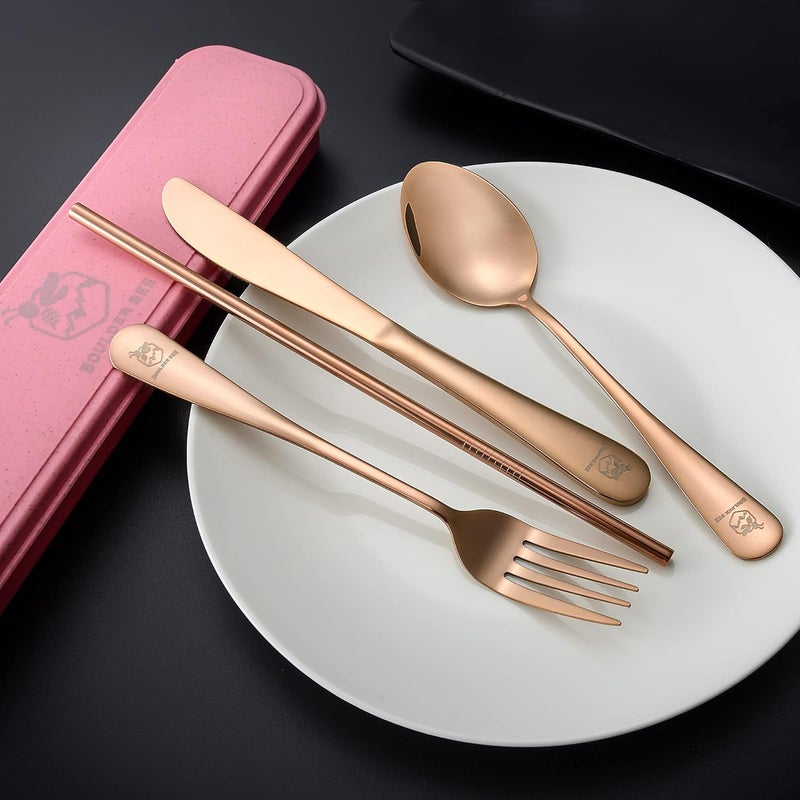 Boulder Bee Travel Utensils | Reusable Camping Cutlery | Stainless Steel Flatware | Portable Silverware Set with Case | Includes Knife/Fork/Spoon/Straw/Cleaning Cloth (Rose Gold) - Image 2